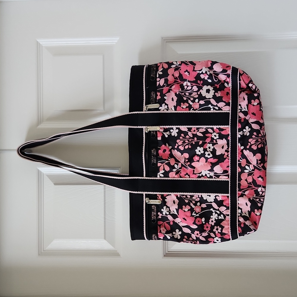 LeSportsac black pink floral expandable tote bag